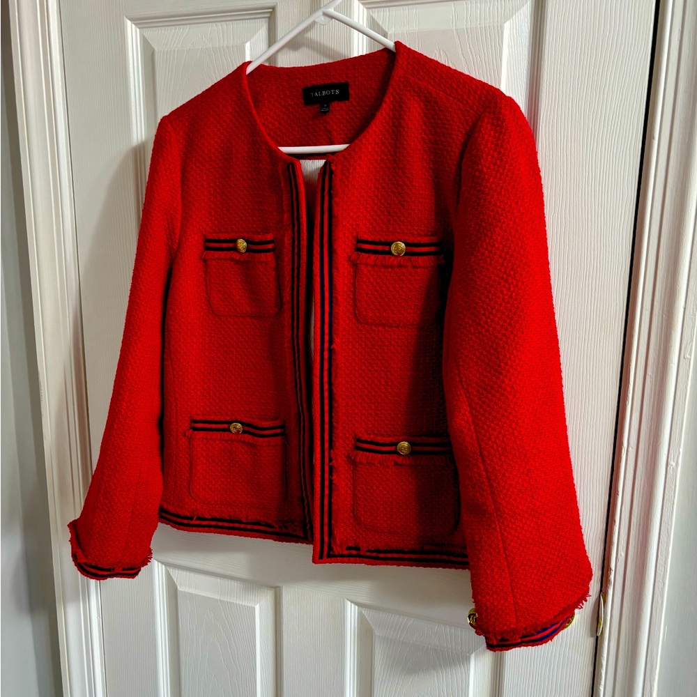 Talbots red blazer trimmed in navy blue. Size 16.